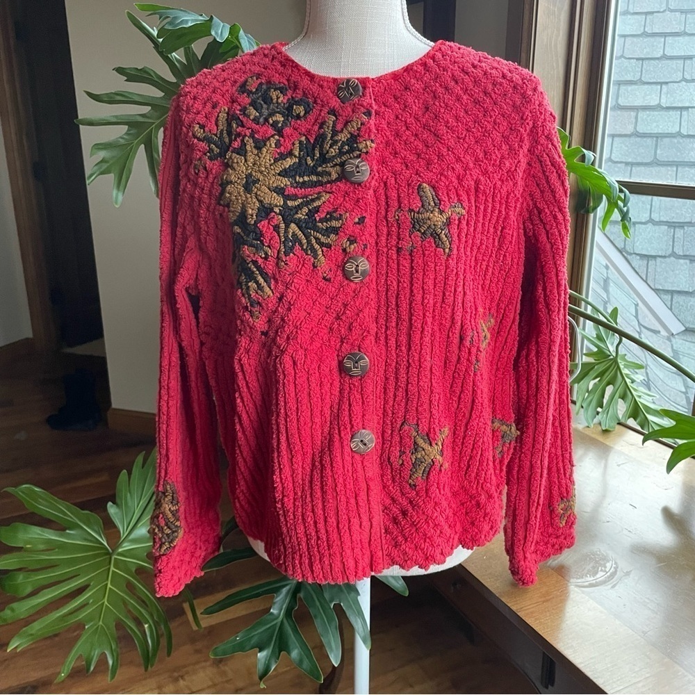Vintage Red Chenille Button Front Embroidered Jacket